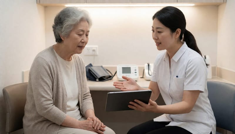 간호사와 마주 앉아 검진 항목을 안내받는 60대 여성 환자