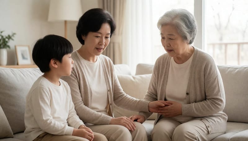 어린이부터 노년층까지 한 자리에 모인 가족이 구역질 취약 연령대를 보여주는 장면