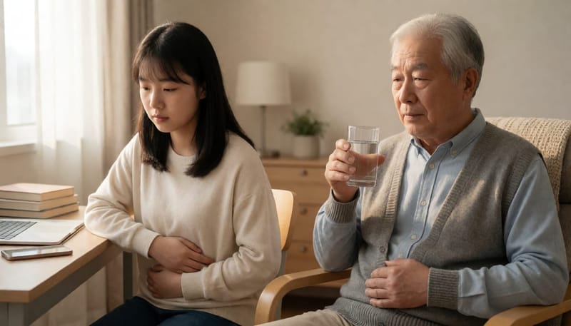 청소년과 노인이 각기 다른 배경에서 구역질을 느끼는 모습을 대비한 장면