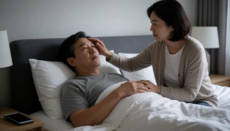 증상 정도에 따라 대처를 판단하는 가족의 모습을 보여주는 장면