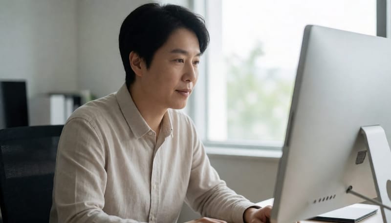 거북목 자세로 목 마사지하는 직장인