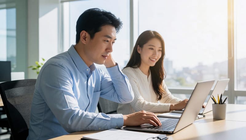 사무실에서 목과 어깨를 손으로 짚으며 통증을 느끼는 남성