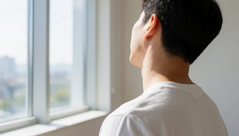 목 뒤쪽에서 바라본 목과 어깨 라인 클로즈업