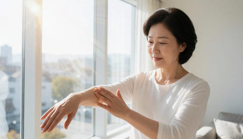 어깨에서 팔로 이어지는 저림 부위를 손으로 짚는 여성
