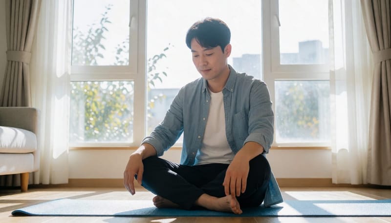 집에서 조심스럽게 목 스트레칭을 하는 남성