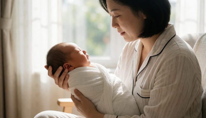 조리원 창가에서 아기 얼굴빛을 살피는 엄마
