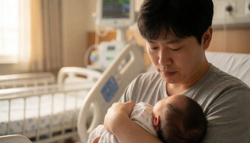 병원에서 걱정스러운 표정으로 아기를 안고 있는 아빠