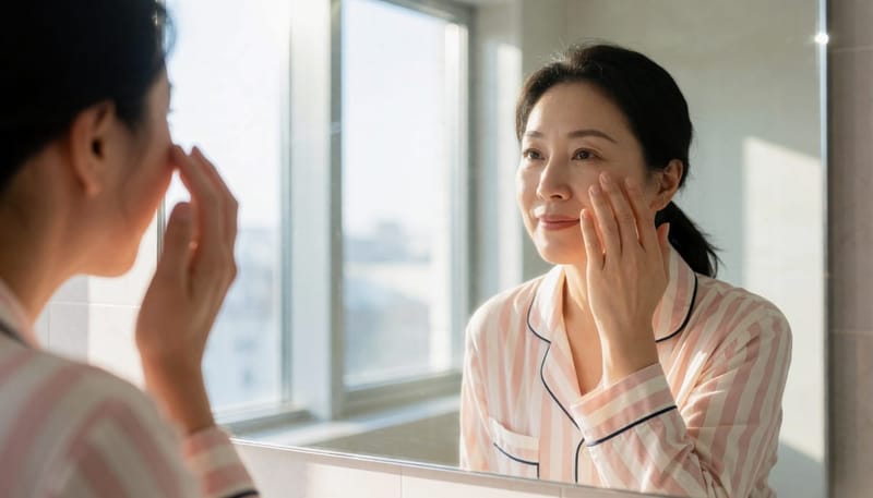아침에 거울을 보며 부은 눈 밑을 만지는 여성