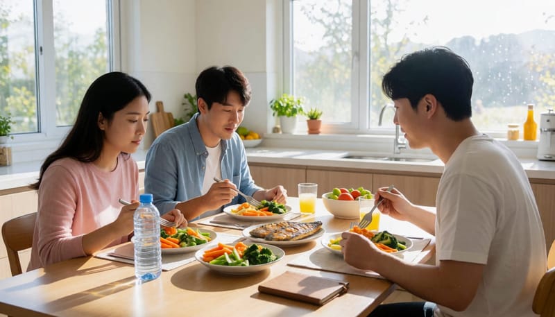 저염식 식사를 하며 생활습관을 관리하는 가족