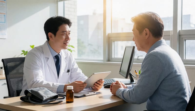 진료실에서 의사와 환자가 치료 방향을 상담하는 모습