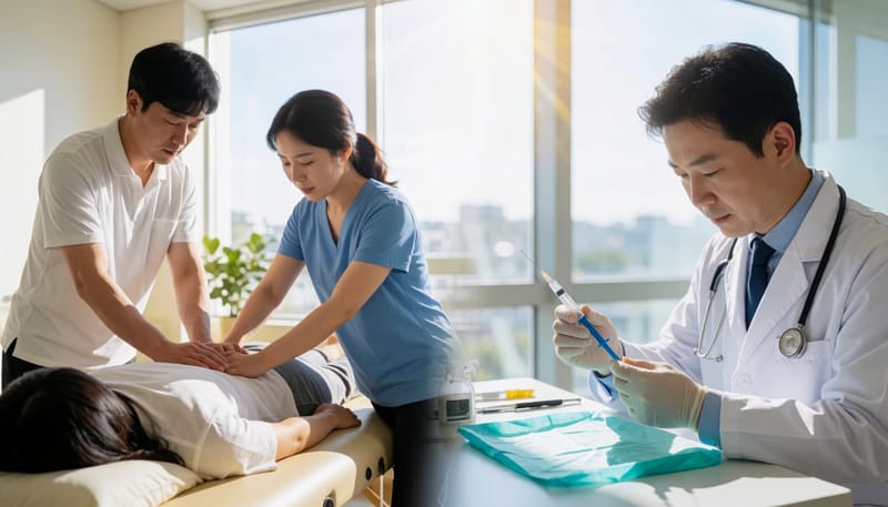 도수치료와 신경차단술 두 가지 치료 장면을 나란히 비교