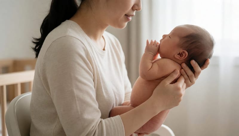 엄마가 아기를 세워 안고 등을 토닥이며 딸꾹질을 진정시키는 모습