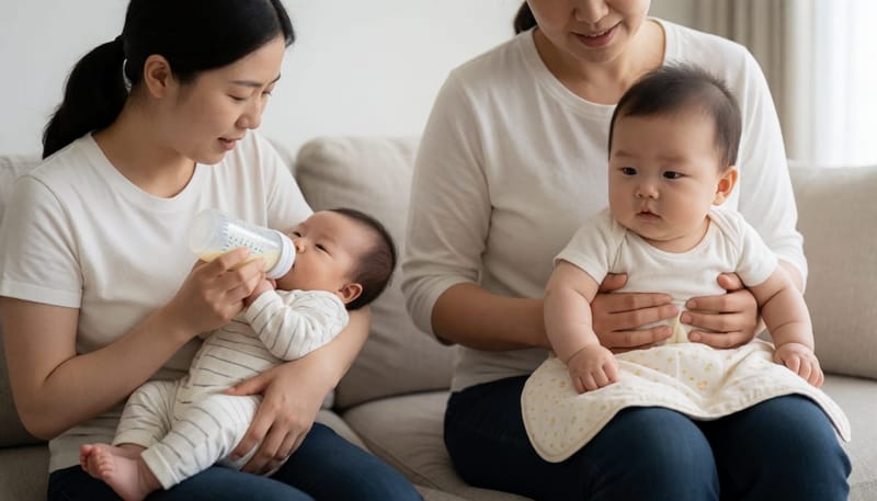 월령이 다른 두 아기의 수유 후 모습을 비교하는 장면