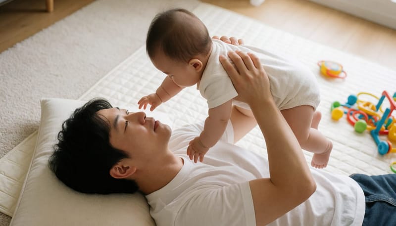 아빠가 바닥에 누워 아기의 상태를 살피며 교감하는 모습