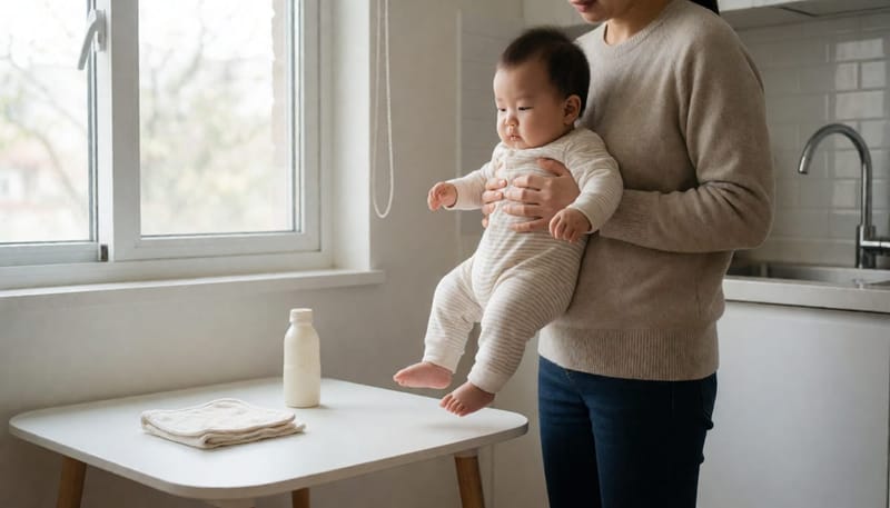 엄마가 상황에 맞는 방법을 고민하며 아기를 안고 달래는 모습