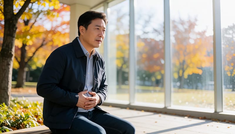 공원 벤치에 앉아 늘어난 뱃살을 만지며 걱정스러운 표정을 짓는 중년 남성