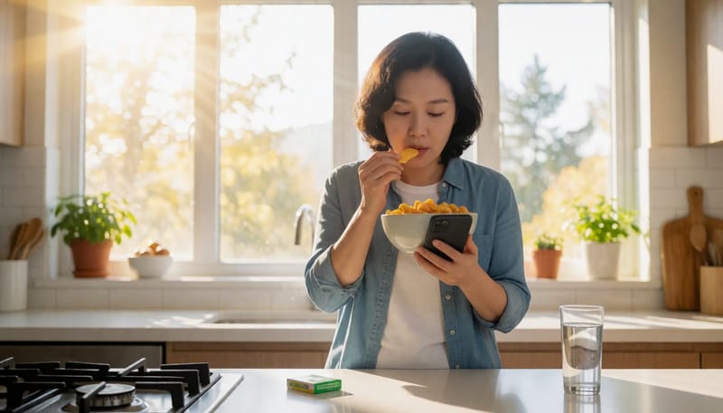 부엌에서 간식을 먹으며 스마트폰을 보는 여성, 식욕 변화를 암시하는 장면