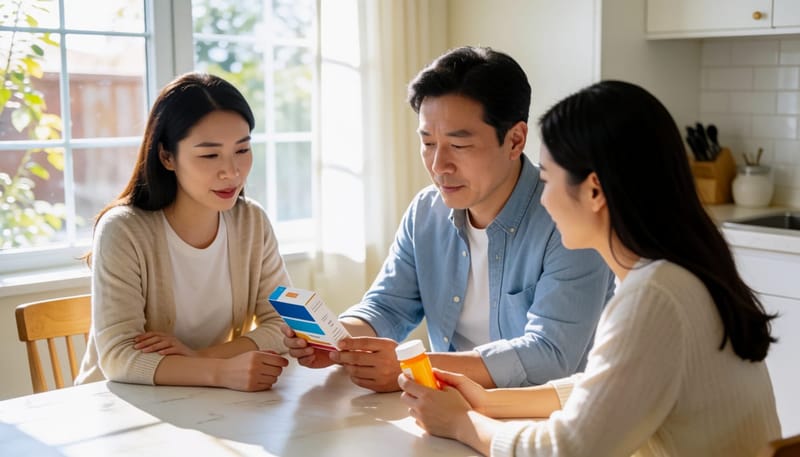 금연 패치와 약통을 나란히 놓고 비교하며 고민하는 남성의 모습