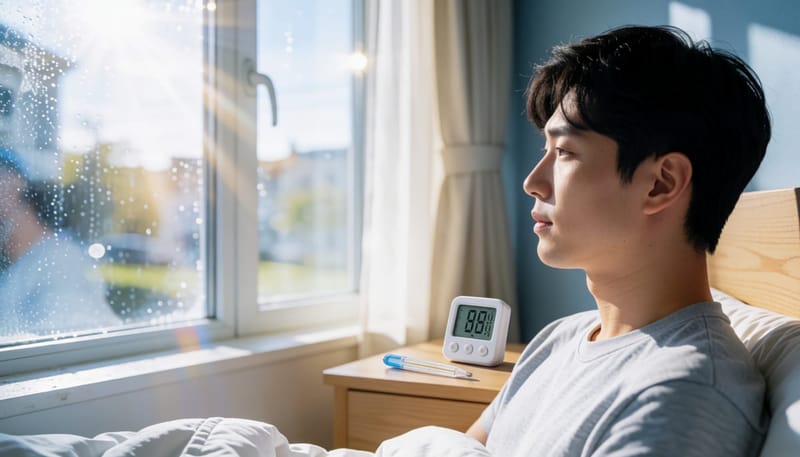 서늘하고 건조한 환절기 밤 실내 온습도계와 다리 클로즈업