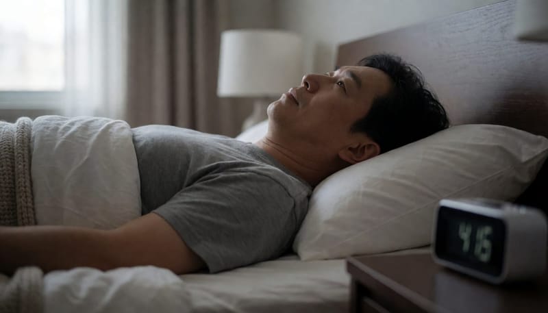 새벽 시간 잠들지 못하고 천장을 응시하는 남성의 모습