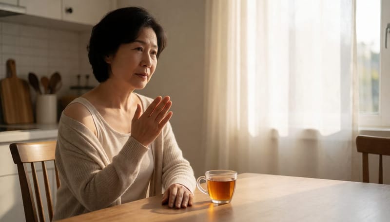 낮에도 갑작스러운 열감으로 부채질하는 중년 여성의 모습