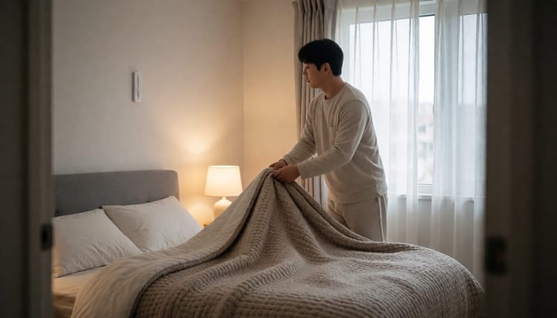 땀을 줄이려 이불과 실내 온도를 조절하는 남성의 모습