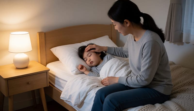 밤에 잠든 아이 이마를 살펴보며 걱정스러운 표정을 짓는 엄마