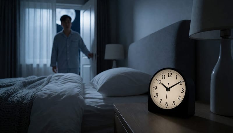 새벽 시간대 조용한 방에서 아이 침대를 바라보는 아빠와 시계