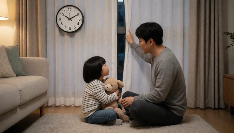 저녁 시간 커튼을 닫고 아이와 함께 차분한 취침 준비를 하는 아빠