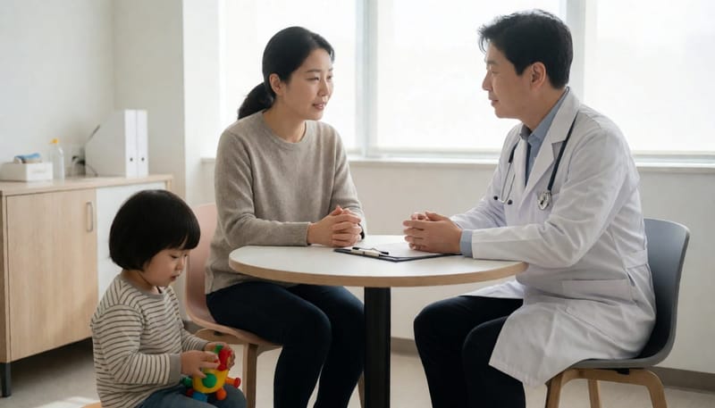 소아과 진료실에서 엄마와 아이를 마주하고 상담하는 의사