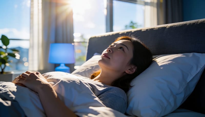 밤에 침대에 누워 천장을 바라보며 생각에 잠긴 여성