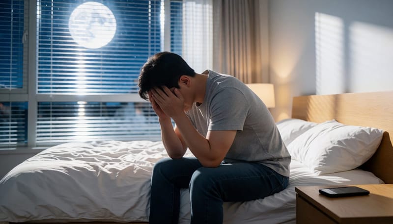 밤늦게 침대 끝에 앉아 머리를 감싸고 있는 남성