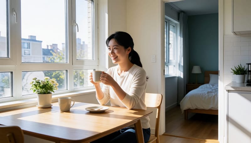 밝은 아침 일상과 어두운 밤 침실이 대비되는 장면