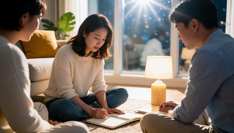 밤에 거실 바닥에 앉아 빈 노트를 바라보는 여성