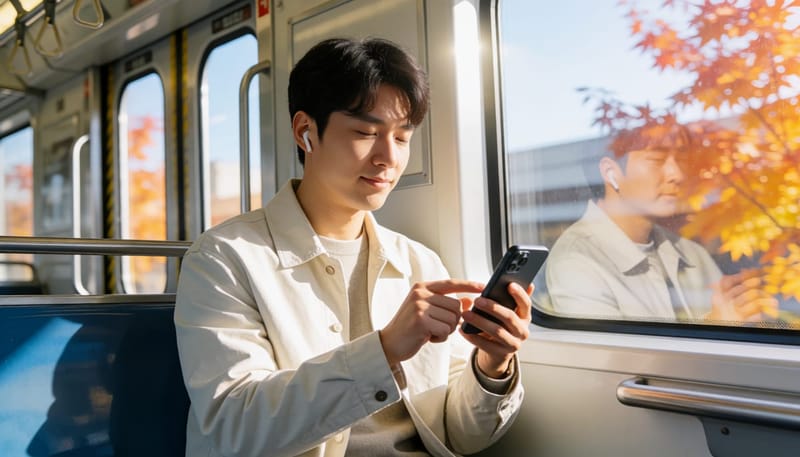가을철 지하철에서 이어폰 볼륨을 조절하는 남성