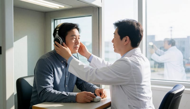 방음부스에서 순음청력검사를 받는 남성 환자