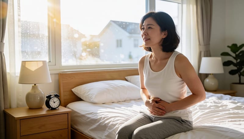 이른 아침 침대에 걸터앉아 배를 움켜쥐고 괴로워하는 여성