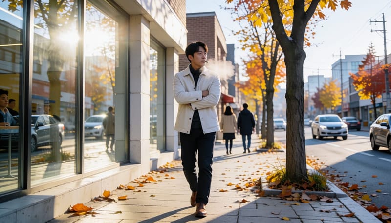 쌀쌀한 가을 거리를 몸을 움츠린 채 걷는 남성
