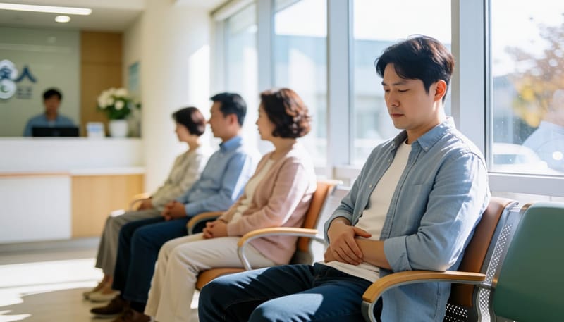 병원 대기실 의자에 앉아 배를 잡고 지친 표정의 남성