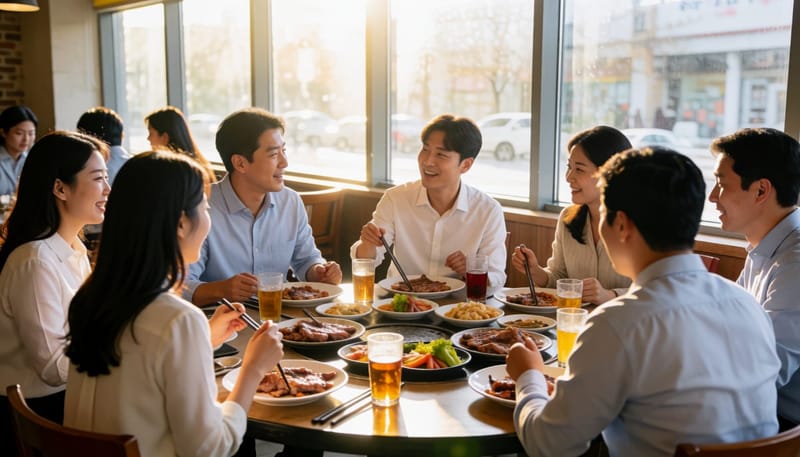 회식 자리에서 여러 명이 동시에 배탈 증상을 호소하는 모습
