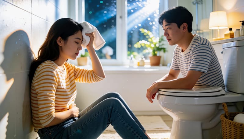 집에서 배탈 증상을 스스로 확인하고 있는 모습