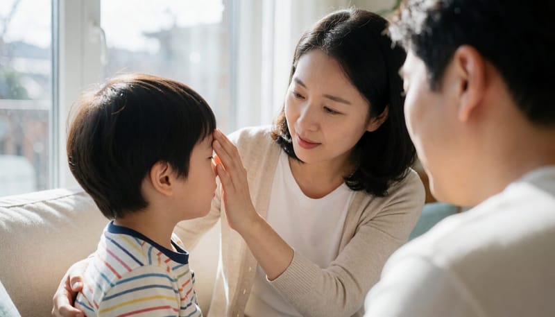 집에서 아이의 탈수와 발열 신호를 확인하는 장면