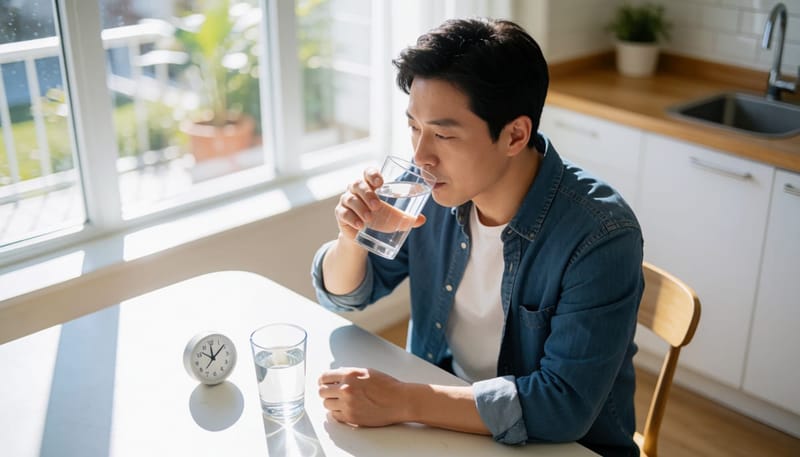 시간을 확인하며 조금씩 수분을 섭취하는 모습