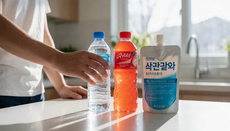 생수·이온음료·경구수액을 놓고 상황에 맞게 고르는 장면