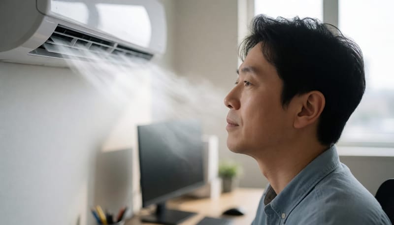 에어컨 바람이 얼굴로 직접 향하는 모습을 가까이서 담은 장면