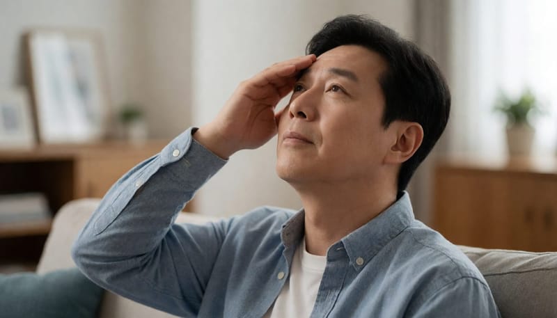 고개를 뒤로 젖히는 잘못된 자세로 코피를 지혈하려는 남성