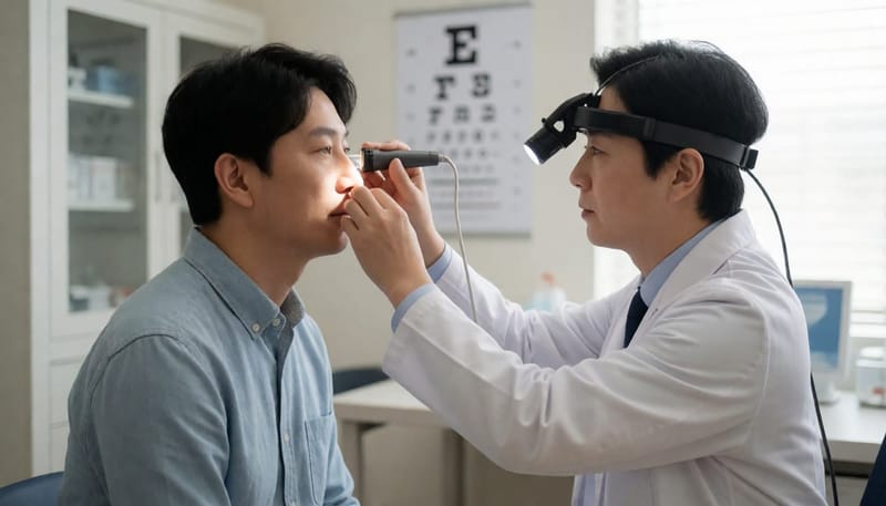 이비인후과에서 의사가 환자의 코 내부를 진찰하는 장면
