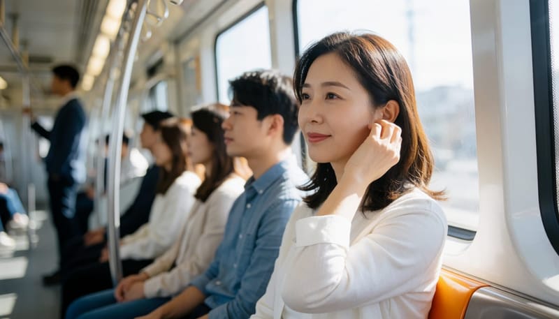 지하철에서 귀를 문지르는 여성