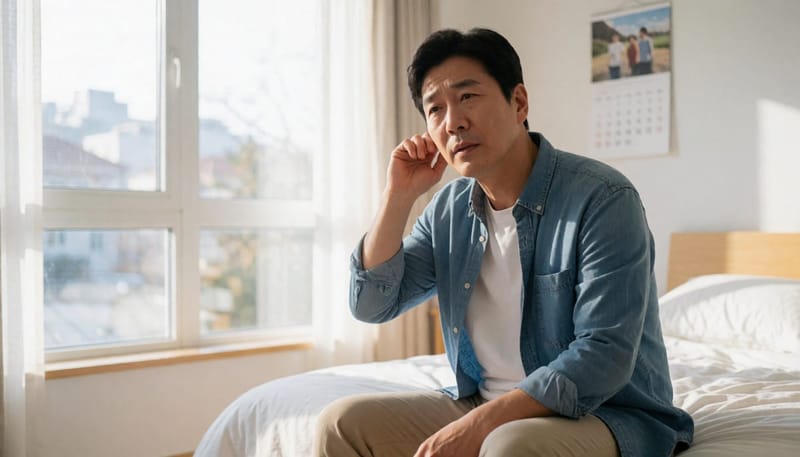 귀 상태를 걱정하며 침대에 앉아있는 남성