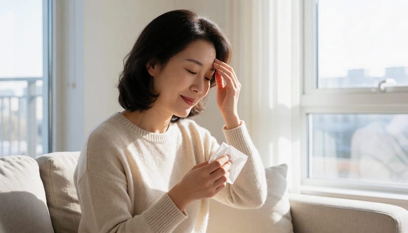 코를 푼 뒤 머리가 울리는 느낌에 이마를 짚고 있는 여성